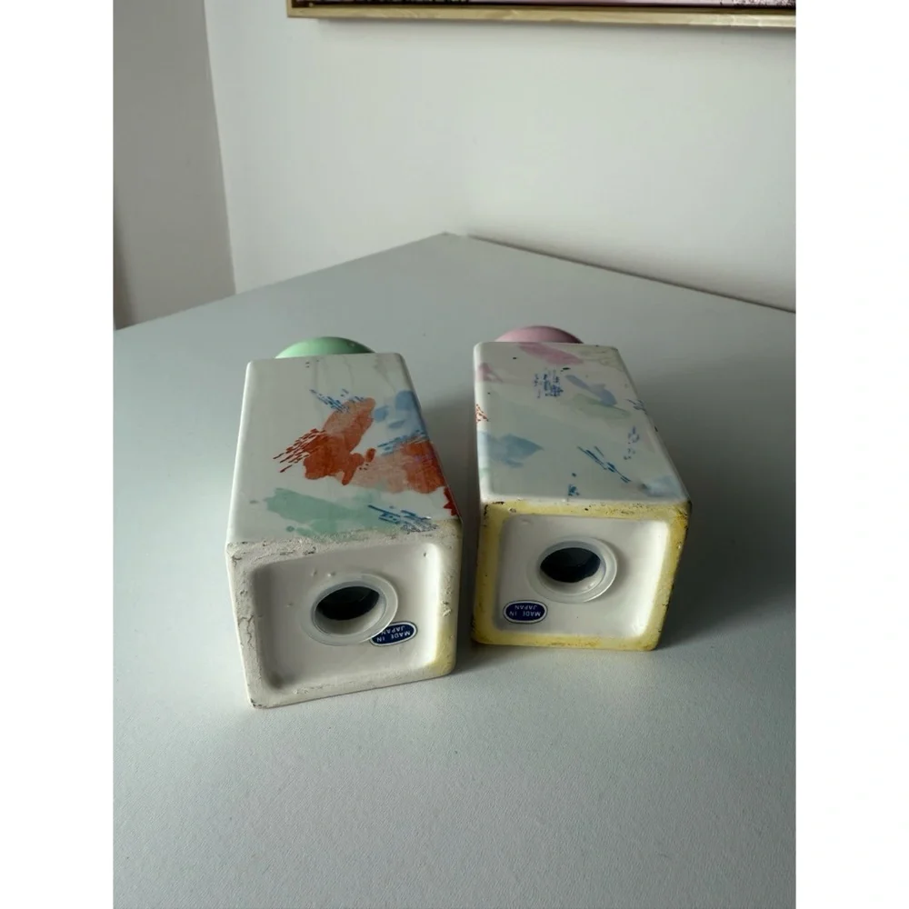Vintage Pastel Abstract Art Salt & Pepper Shakers Japan Pink Green White Ceramic
